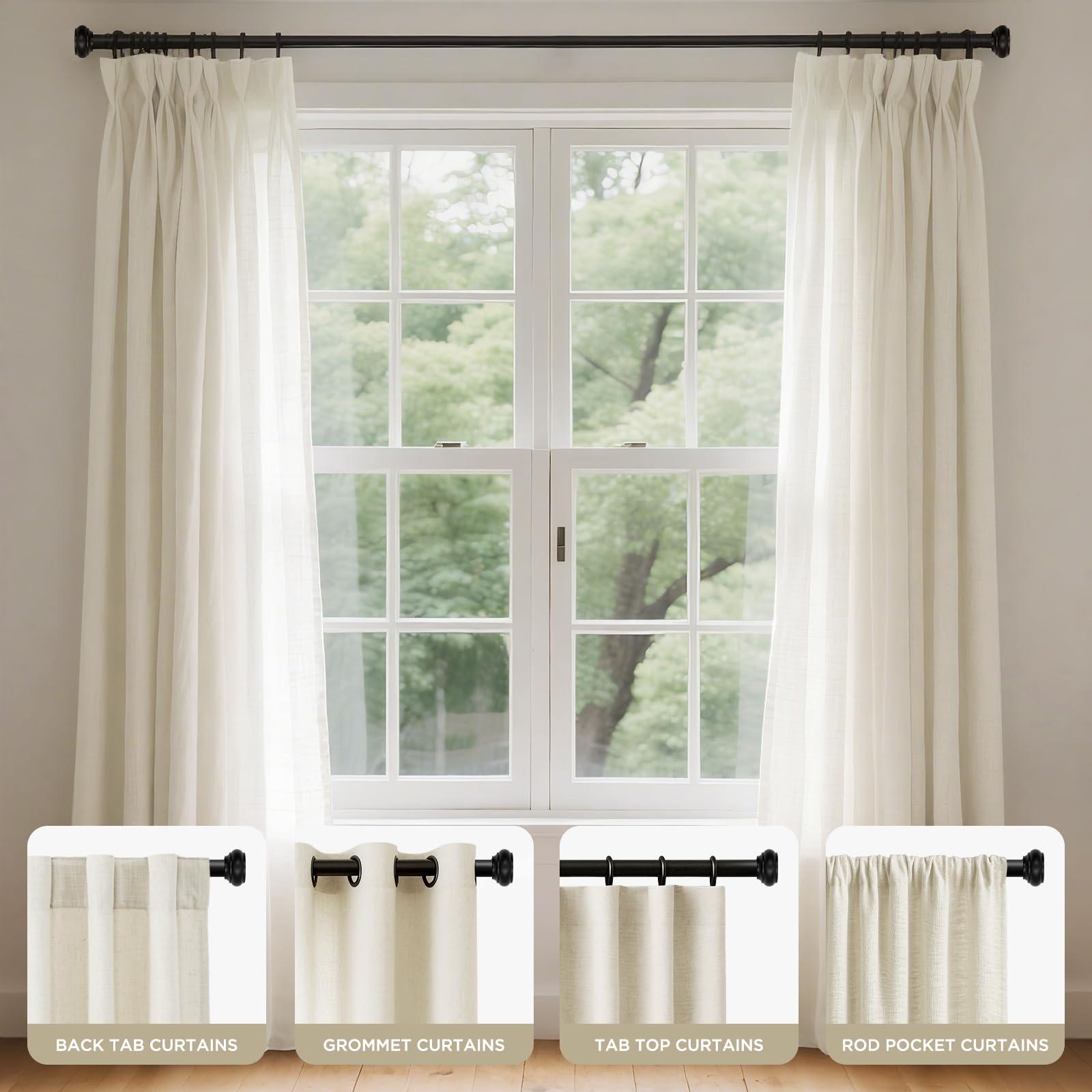 Joydeco universal compatibility fits grommet and pocket curtains.