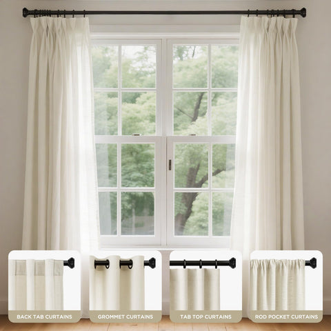 Joydeco universal compatibility fits grommet and pocket curtains.