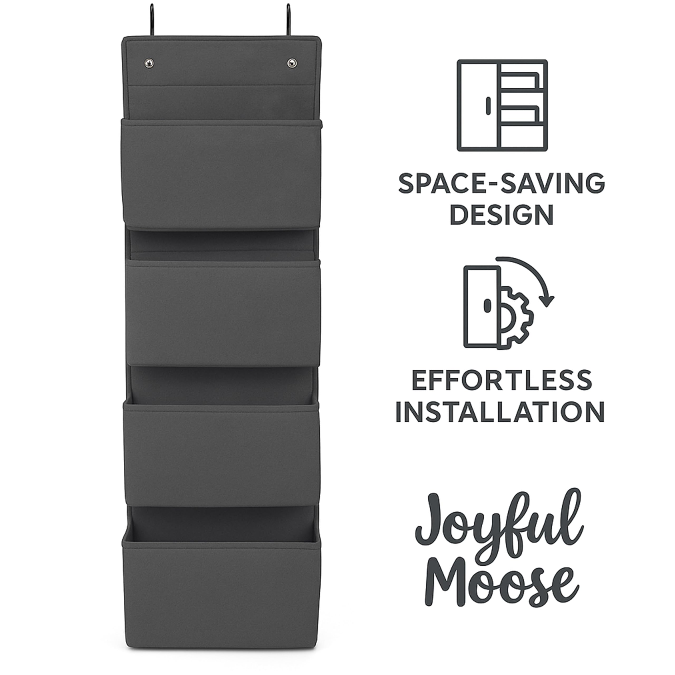 Joyful Moose grey closet storage bins neatly organize the pantry.