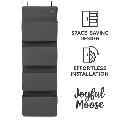 Joyful Moose grey closet storage bins neatly organize the pantry.