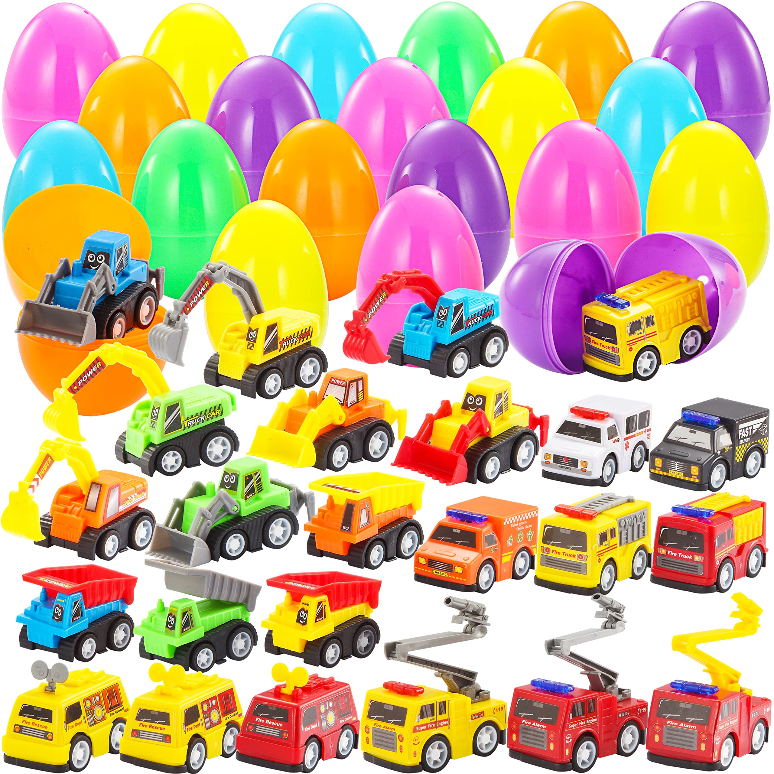 JOYIN 24-pcs filled Easter eggs reveal pull-back cars for lively Easter egg hunts.