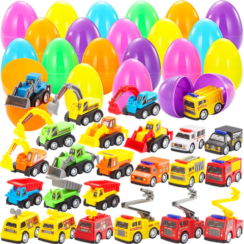 JOYIN 24-pcs filled Easter eggs reveal pull-back cars for lively Easter egg hunts.