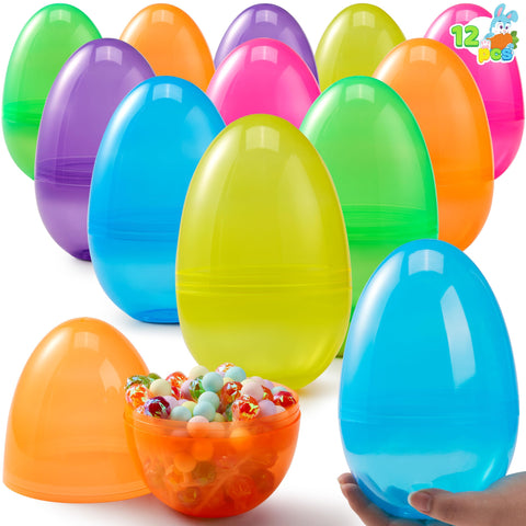 JOYIN twelve-pack jumbo Easter eggs in clear six colors for colorful egg hunts.