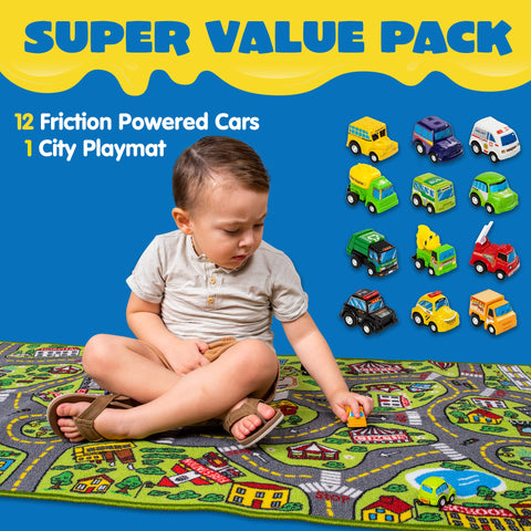 JOYIN Kids Play Rugs 12 friction-powered cars set fuels creative transport play and role-play.