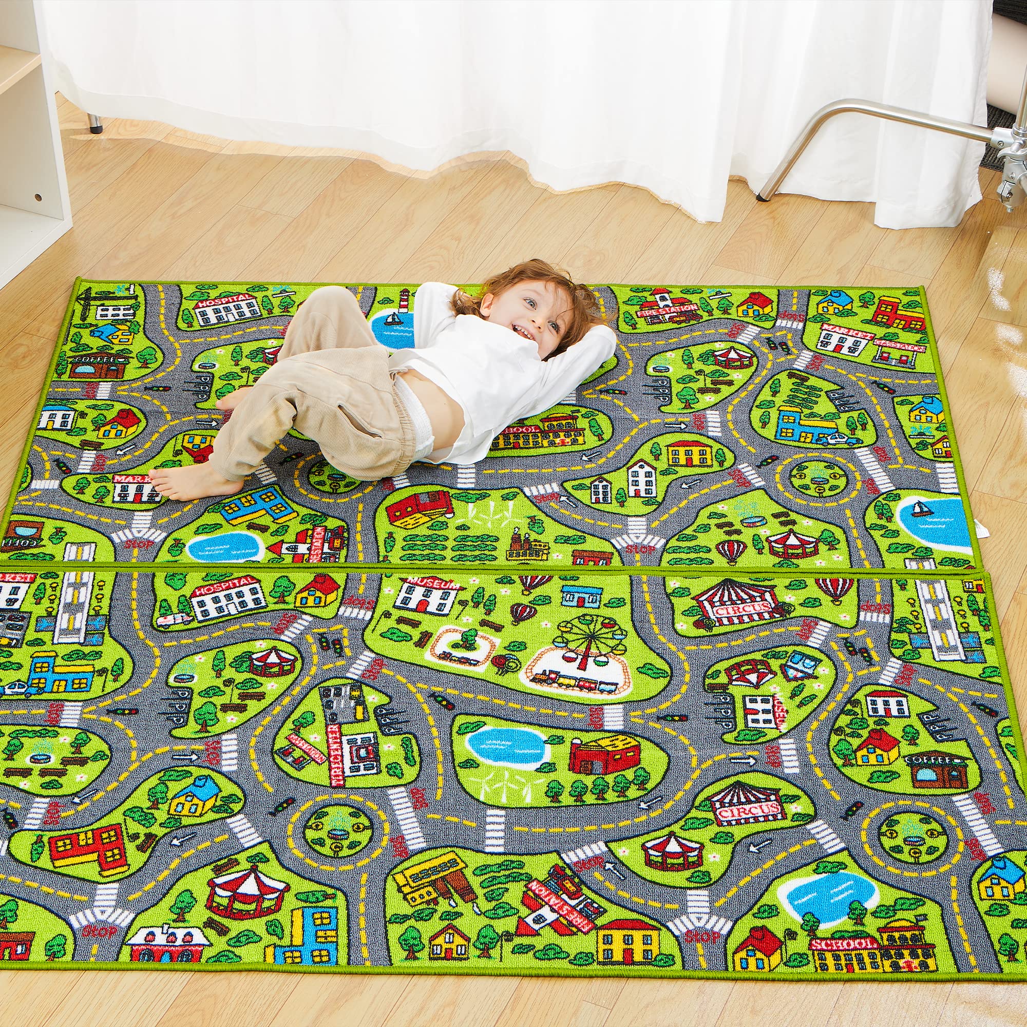 JOYIN Kids Play Rug with bright vehicle patterns enhances motor skills during play.