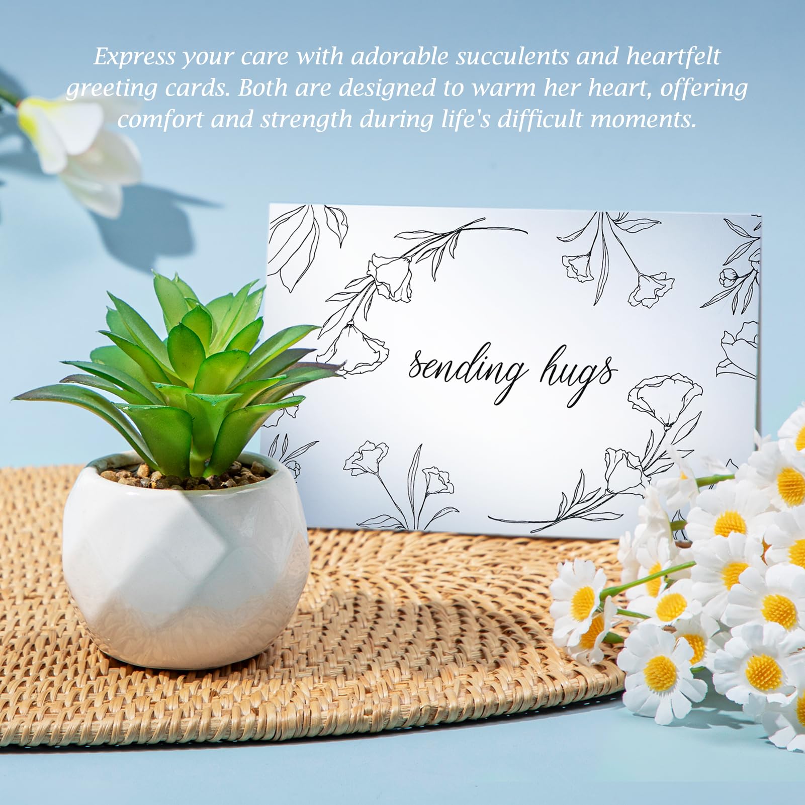 Joyliss faux succulent adds a soothing visual touch to the gift box.