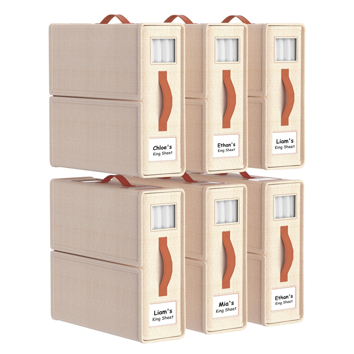 Joymeezo 6-pack beige bed sheet organizers with foldable closet design.