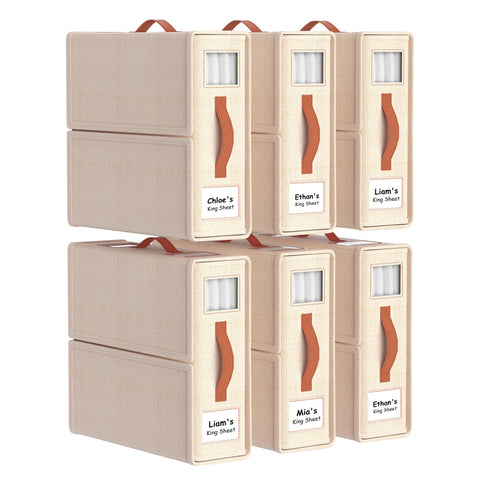 Joymeezo 6-pack beige bed sheet organizers with foldable closet design.