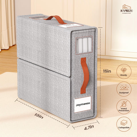 Joymeezo bed sheet organizer side view with leather handles for easy access.