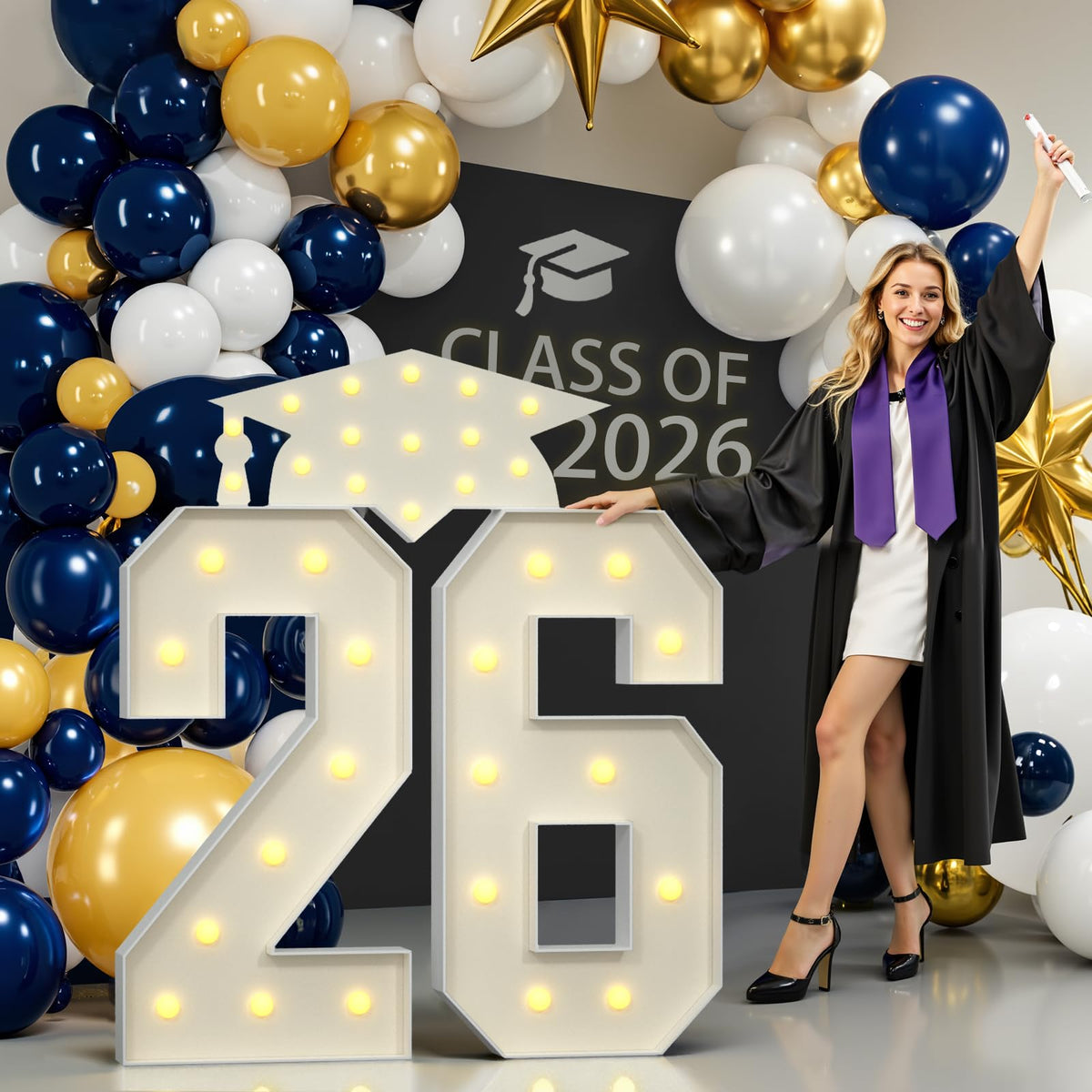 JoyMuse 26 light-up numbers create a bright graduation backdrop ready for photos.
