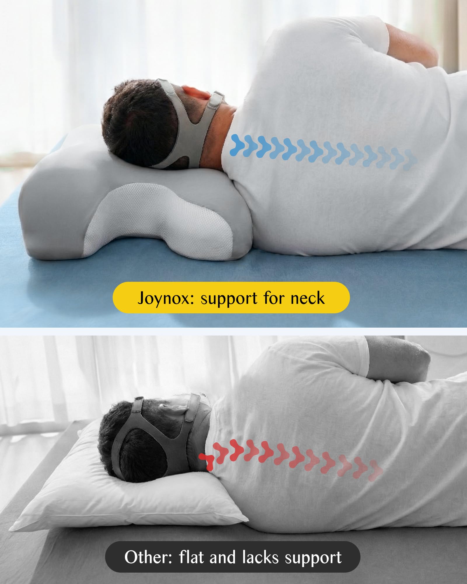 Joynox CPAP pillow front view highlighting large form for bigger-framed users.