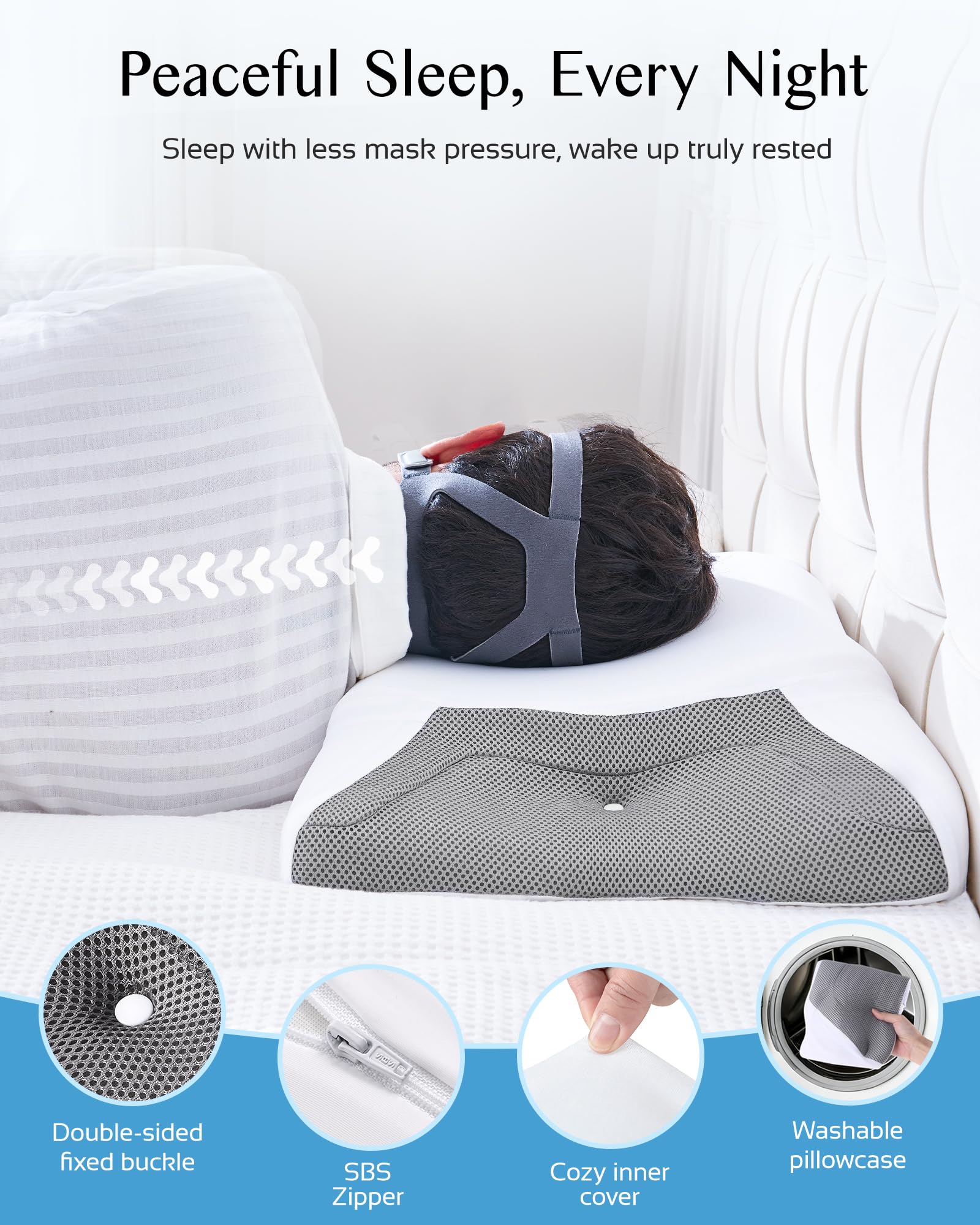 Joynox CPAP pillow compatible with various masks and tubing