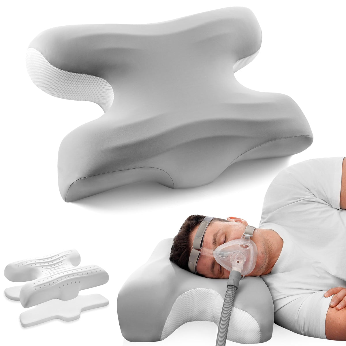 Joynox CPAP pillow for side sleepers with organized tubing to reduce air leaks.