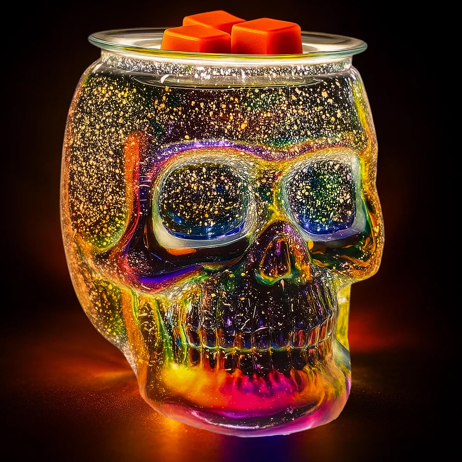 JOYOLO Rainbow Skull wax warmer glows with fireworks for festive ambiance.