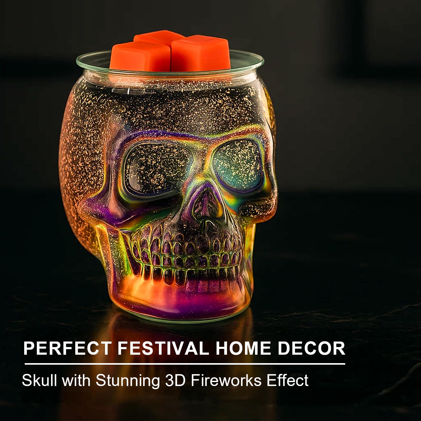 JOYOLO Skull wax burner glows softly with flameless fragrance, ideal for cozy evenings.