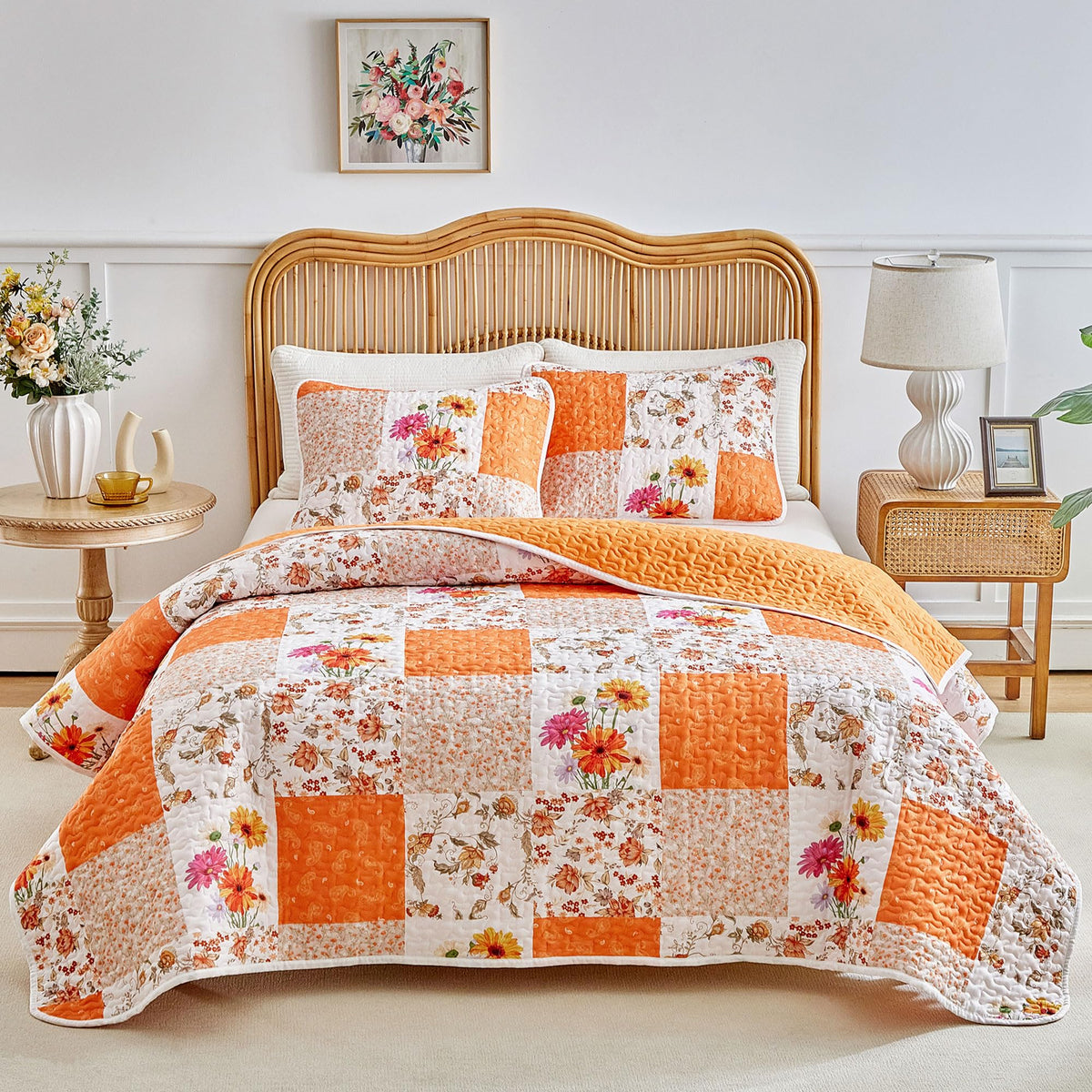 Joyreap floral patchwork quilt queen front view with orange blooms