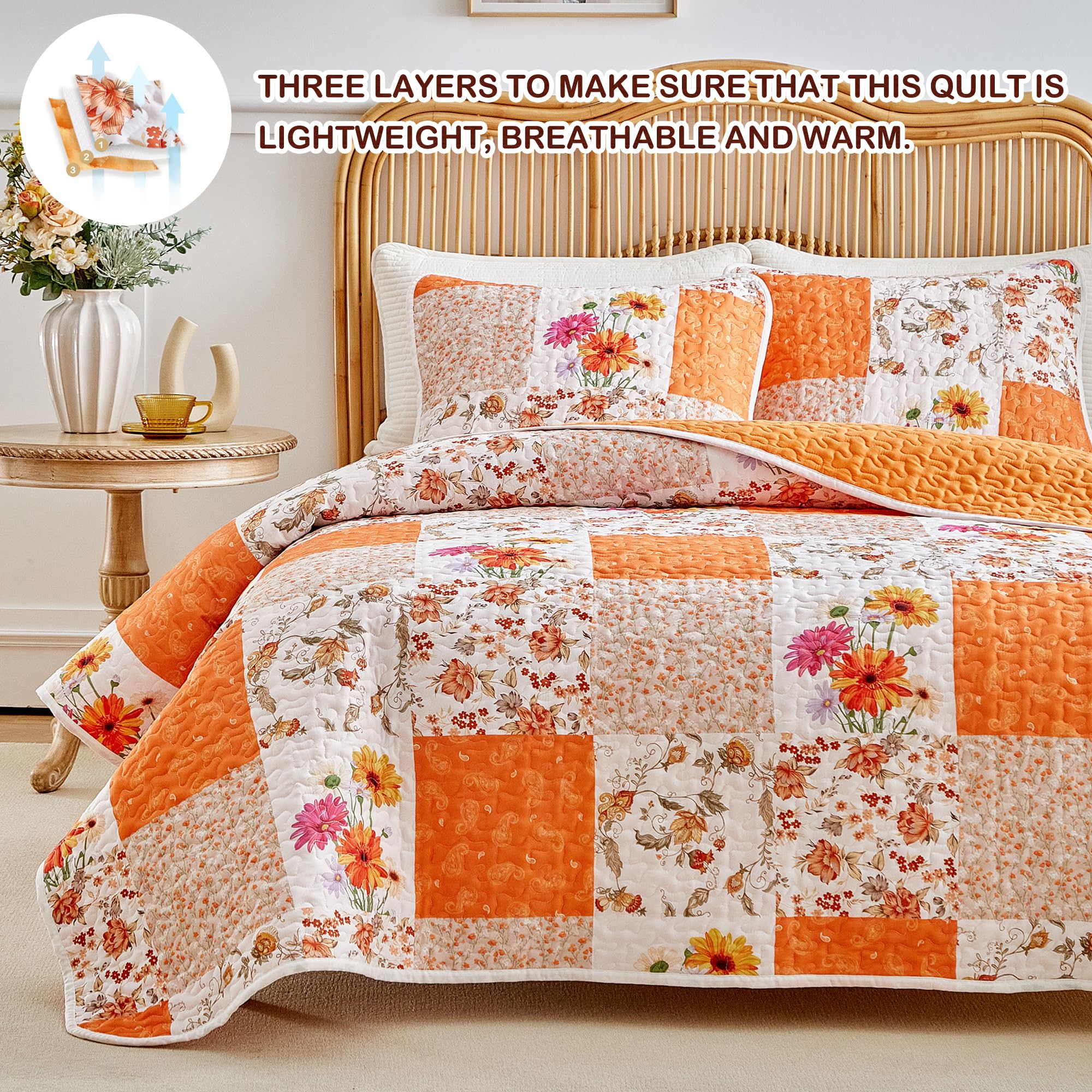 Joyreap patchwork detail highlights orange and white floral motifs