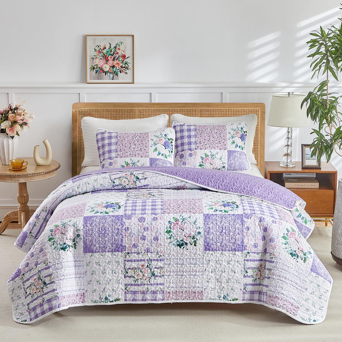 Joyreap floral quilt set in queen size with purple and pink blooms for elegant bedding.