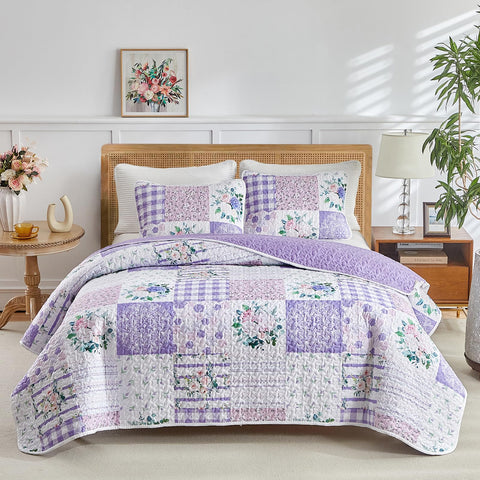 Joyreap floral quilt set in queen size with purple and pink blooms for elegant bedding.