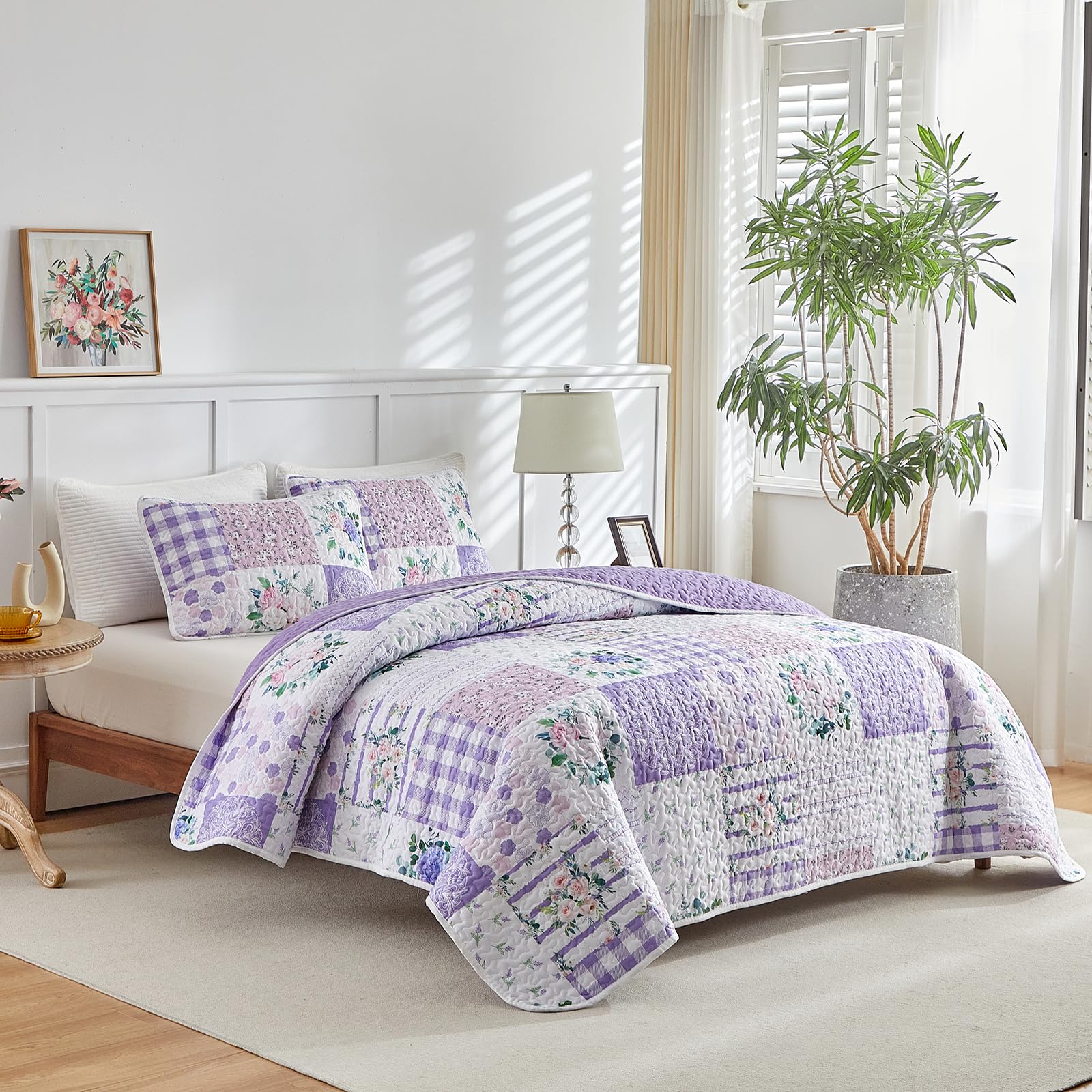 Joyreap patchwork purple pink flowers design adds soft inviting aesthetics.