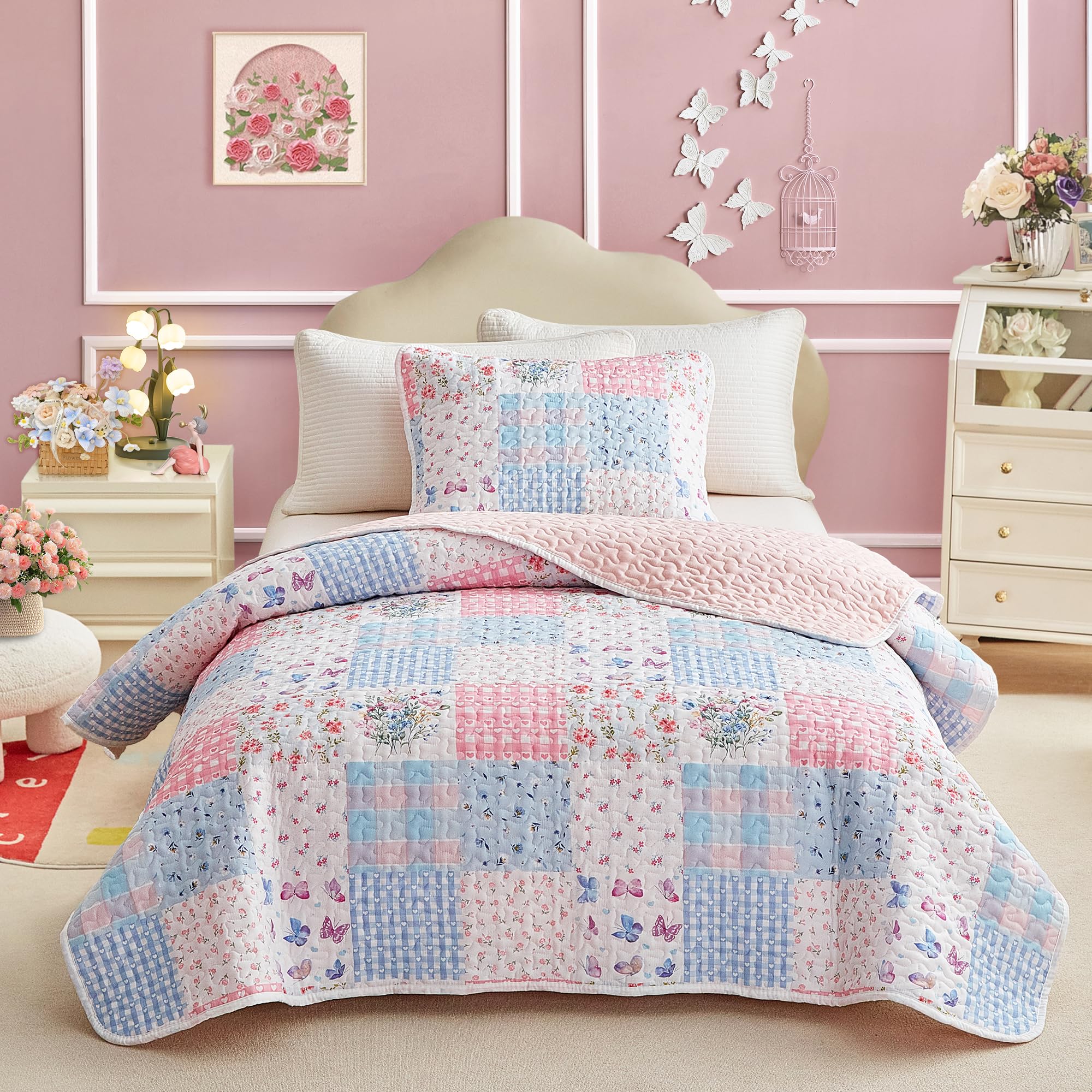Joyreap twin quilt set for girls with pink blue floral patchwork design