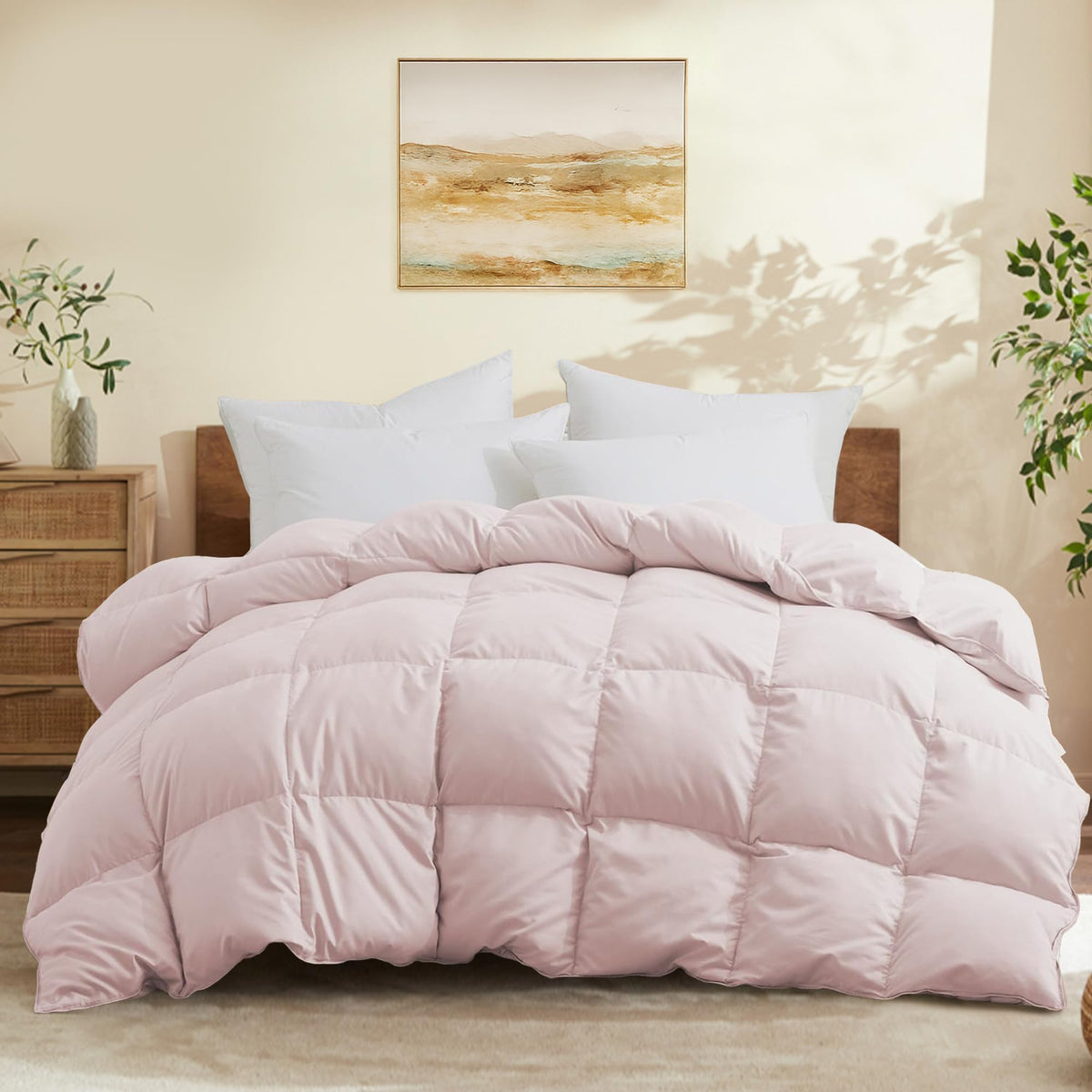 JoySoul queen size comforter on pink bed showing all-season softness