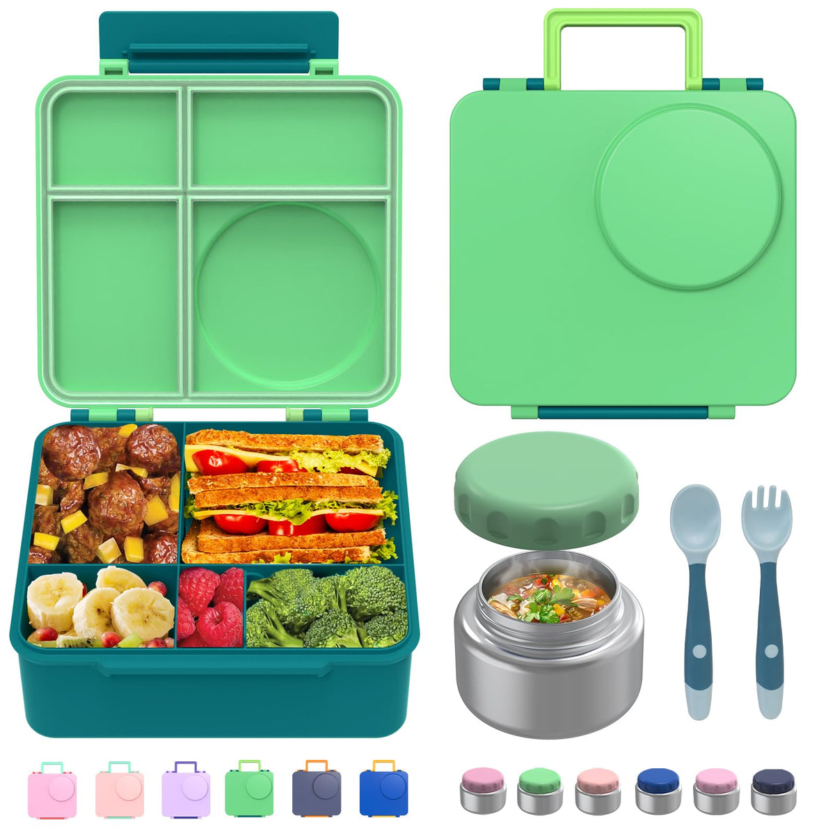 JoyYum kids bento box with leak-proof green lid keeps meals tidy