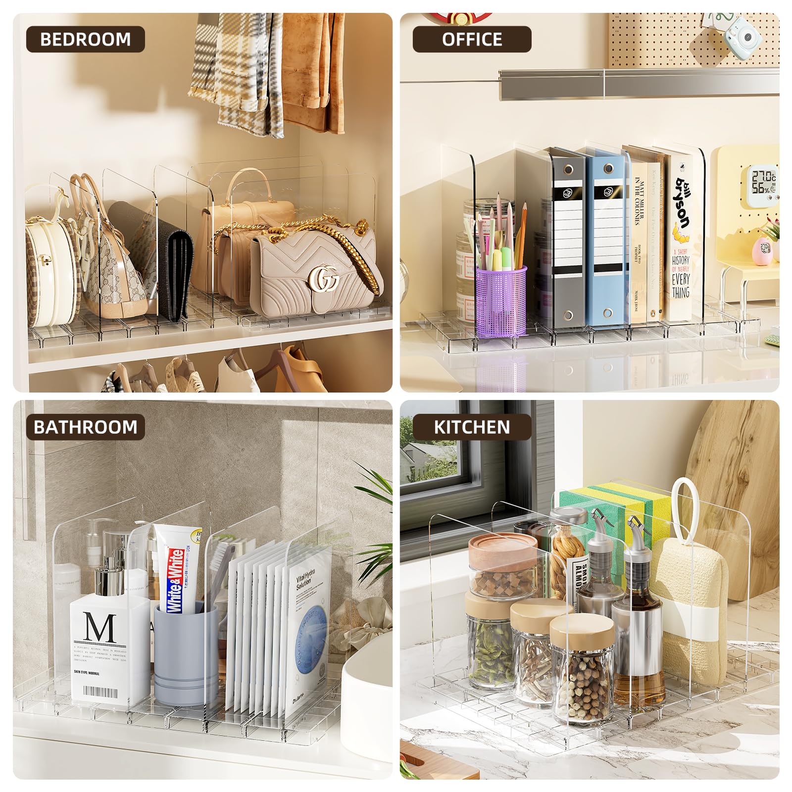 Joyzan adjustable stackable divider system fits tight spaces and tall shelves.