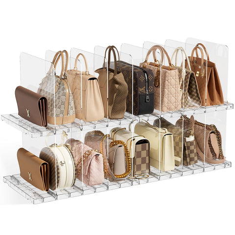 Joyzan purse organizer in clear acrylic keeps bags upright for easy access.