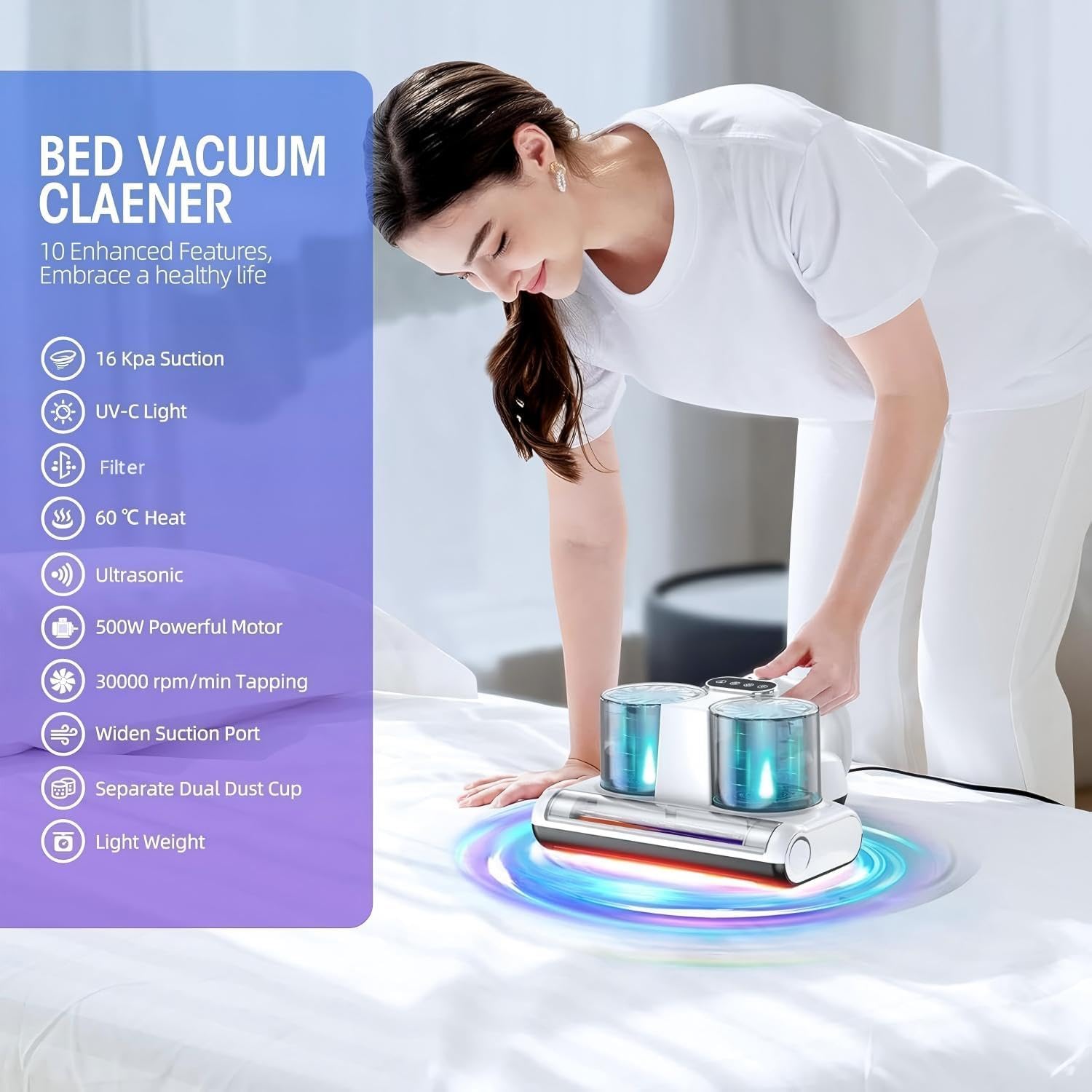JPHYLL mattress vacuum UV-C light cleans fabric surfaces safely.