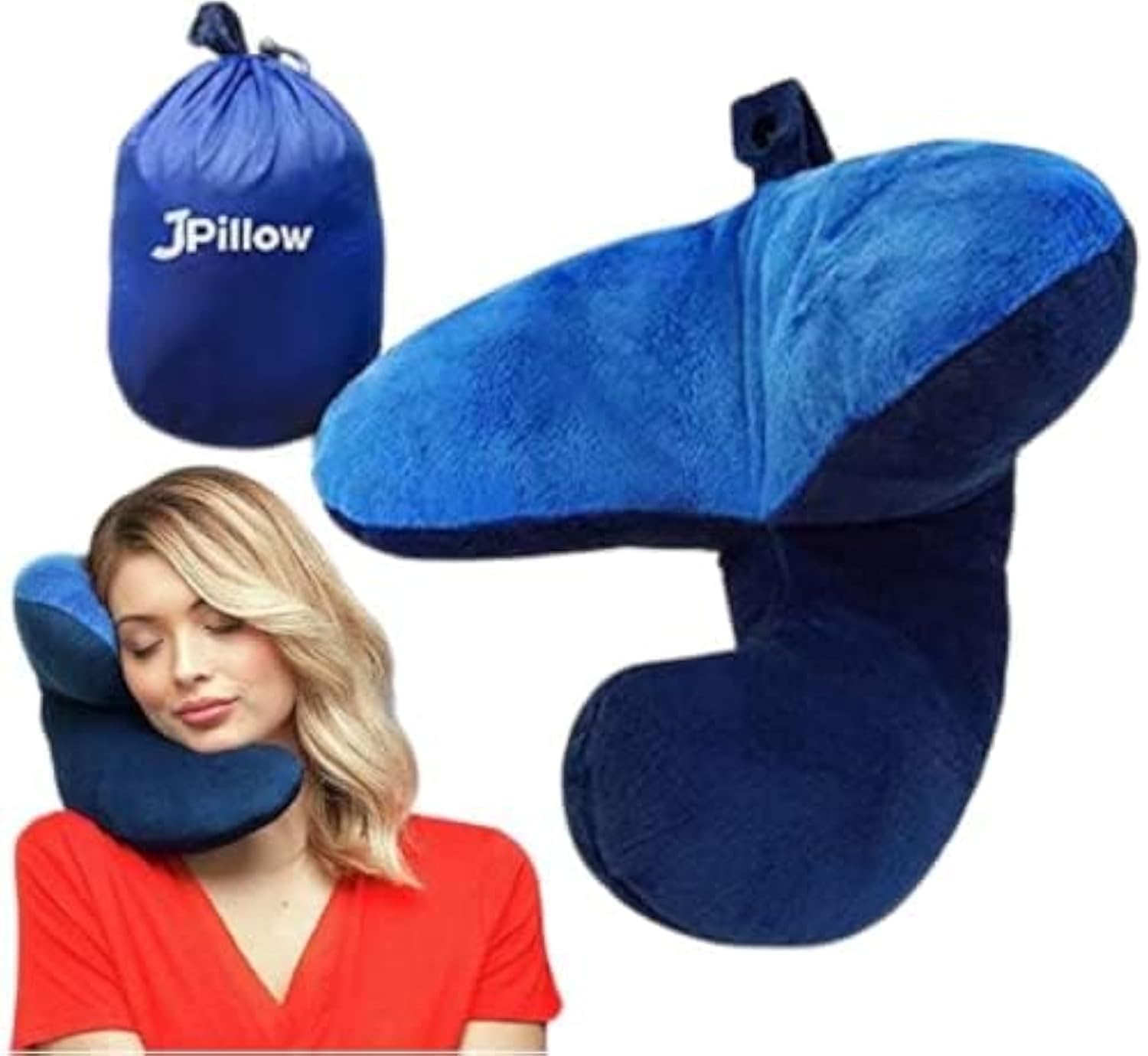 J-Pillow travel pillow blue provides ergonomic neck support for comfortable plane rides.