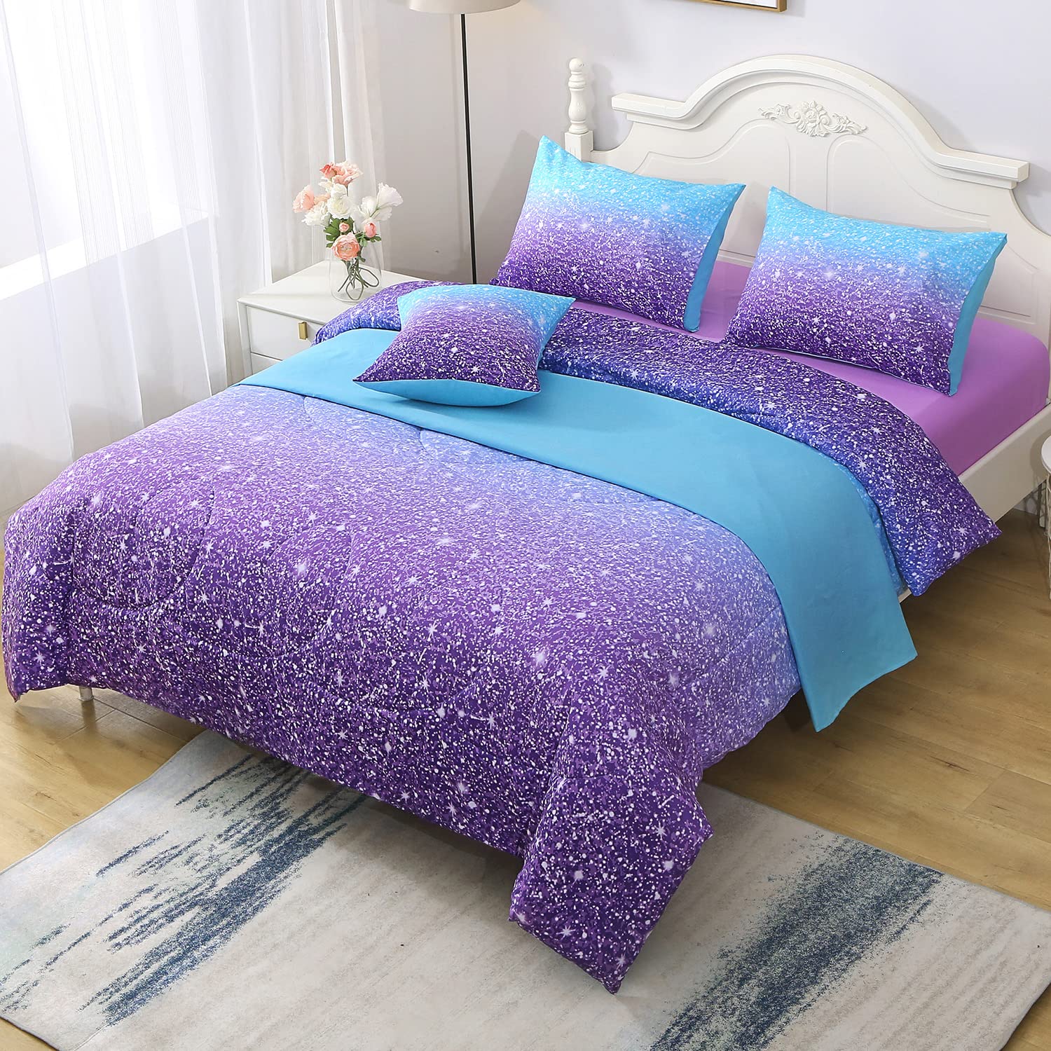 Two envelope pillowcases from JQinHome glitter set matching purple tones.