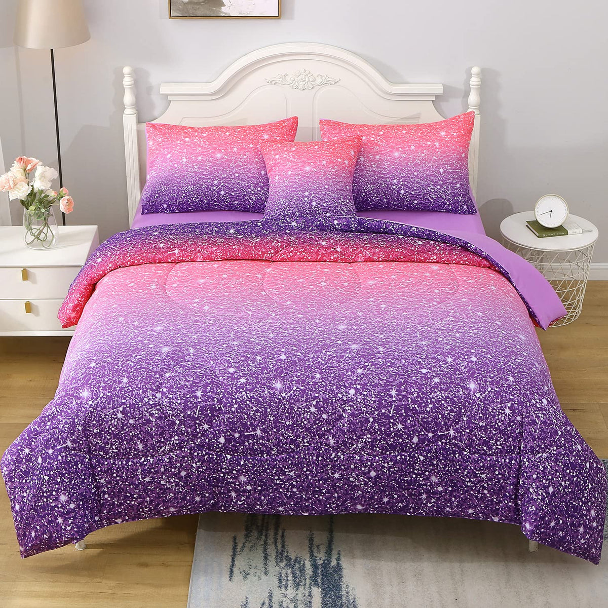 JQinHome twin pink purple comforter set in gradient glitter design for stylish bedding.