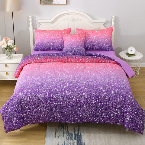 JQinHome twin pink purple comforter set in gradient glitter design for stylish bedding.