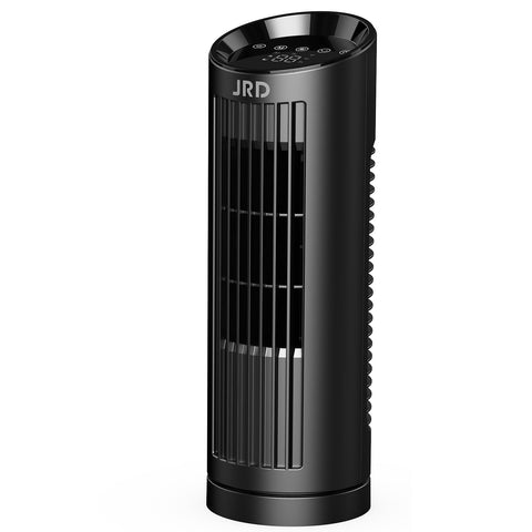 JRD 13-inch tower fan in a bedroom for quiet cooling.