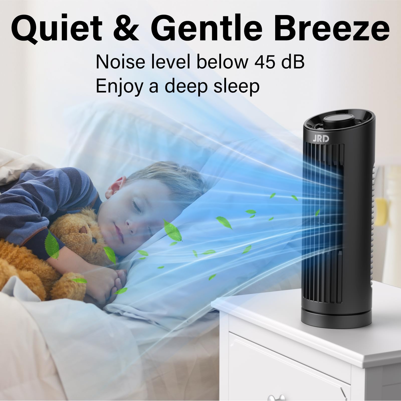 JRD 13-inch compact tower fan with built-in handle for easy portability.