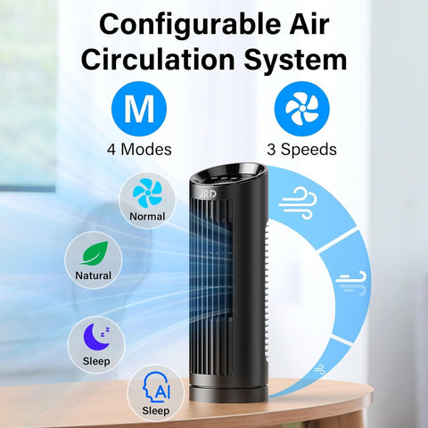 JRD bladeless tower fan with remote control for easy adjustments.