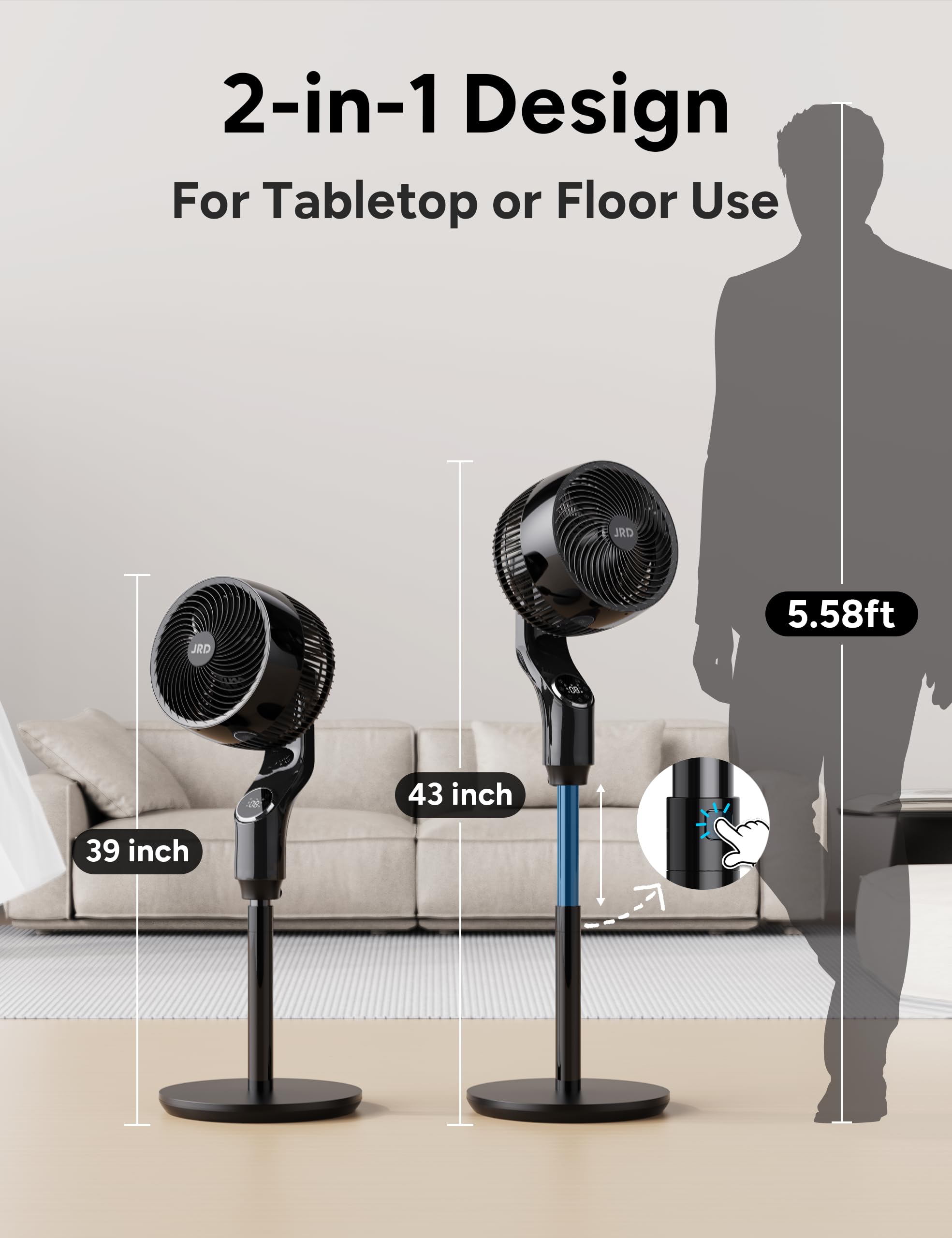 JRD pedestal fan height adjustment for beds or seating