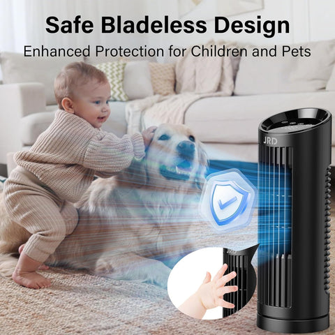 JRD portable bladeless fan with hidden handle for easy moving.