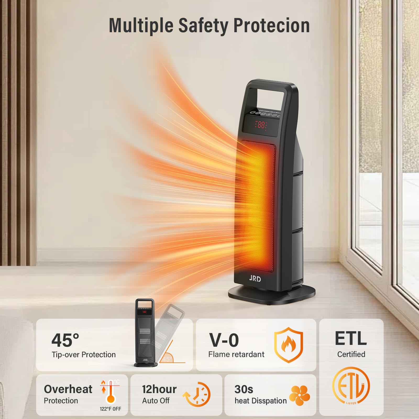 JRD Space Heater oscillates 75 degrees for even coverage