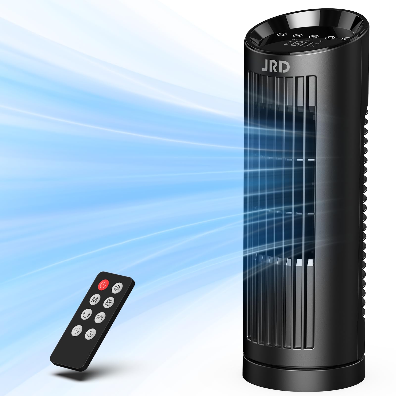JRD 13'' tower fan in bedroom with remote for easy control