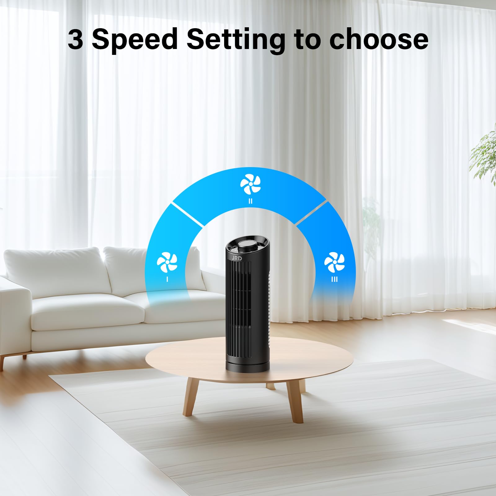 JRD bladeless desk fan on a workspace for focused, quiet airflow.