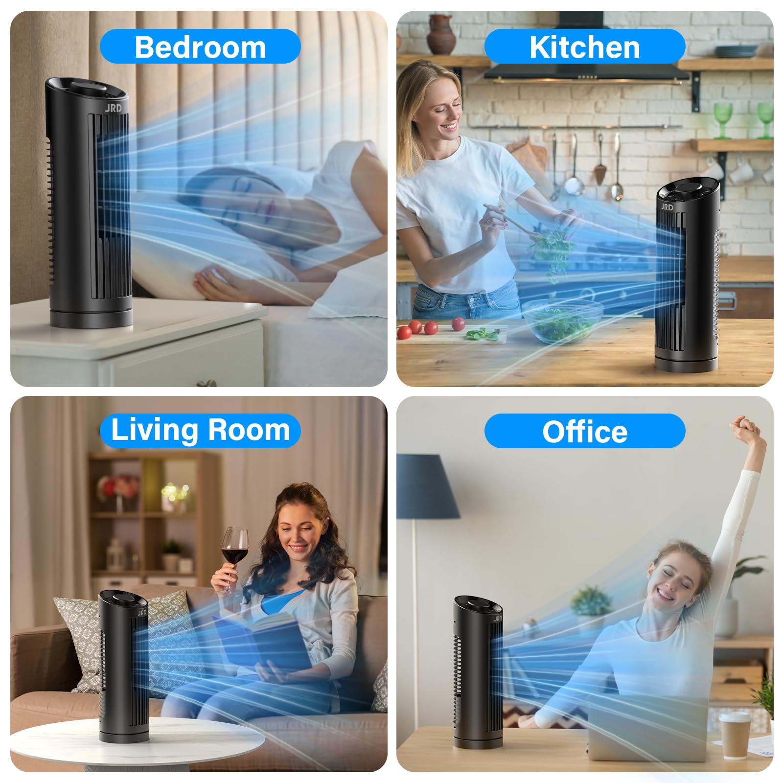 JRD portable tower fan with built-in handle for versatile placement.