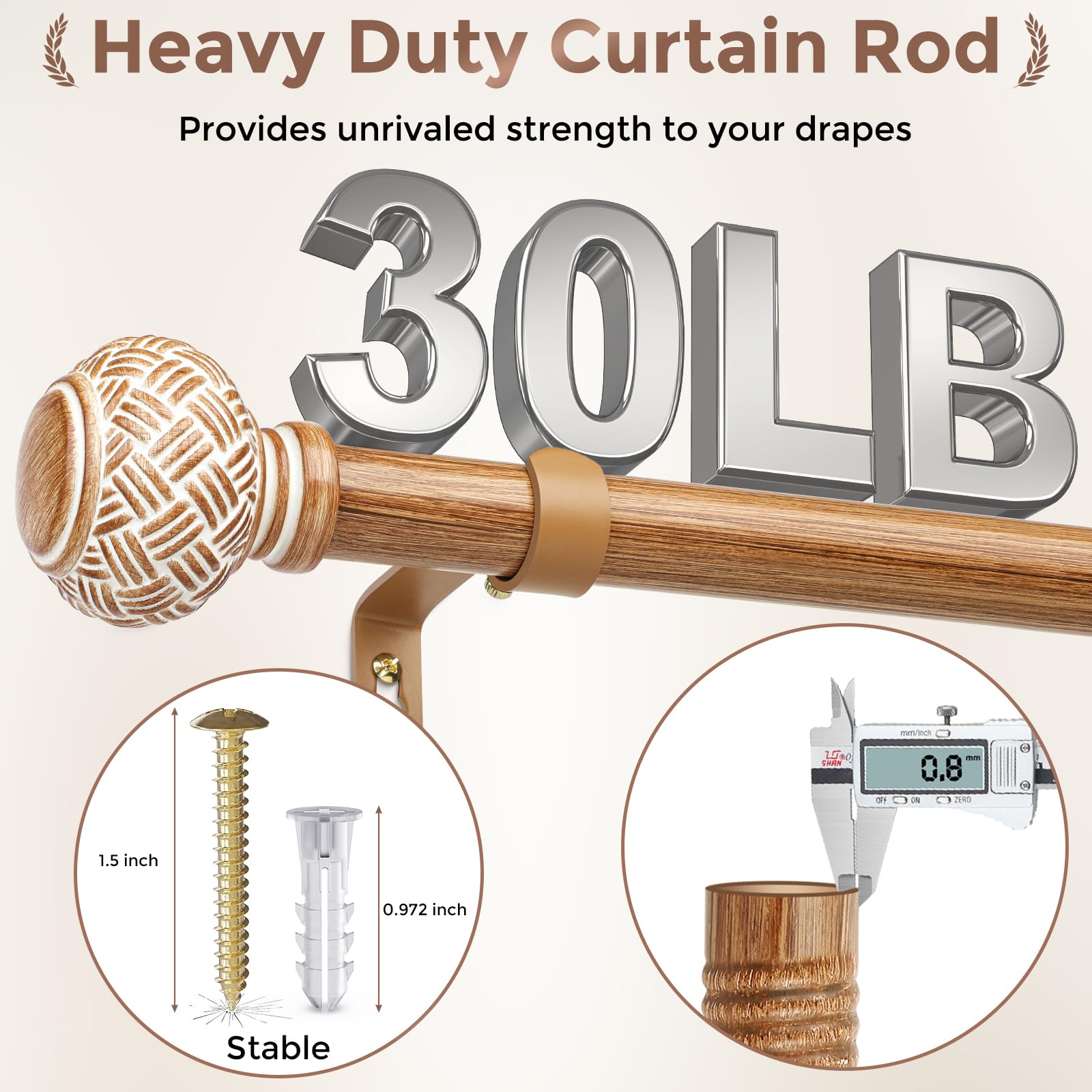 JRZOO heavy-duty 1-inch rod core supports up to 30 lbs for sturdy drapery