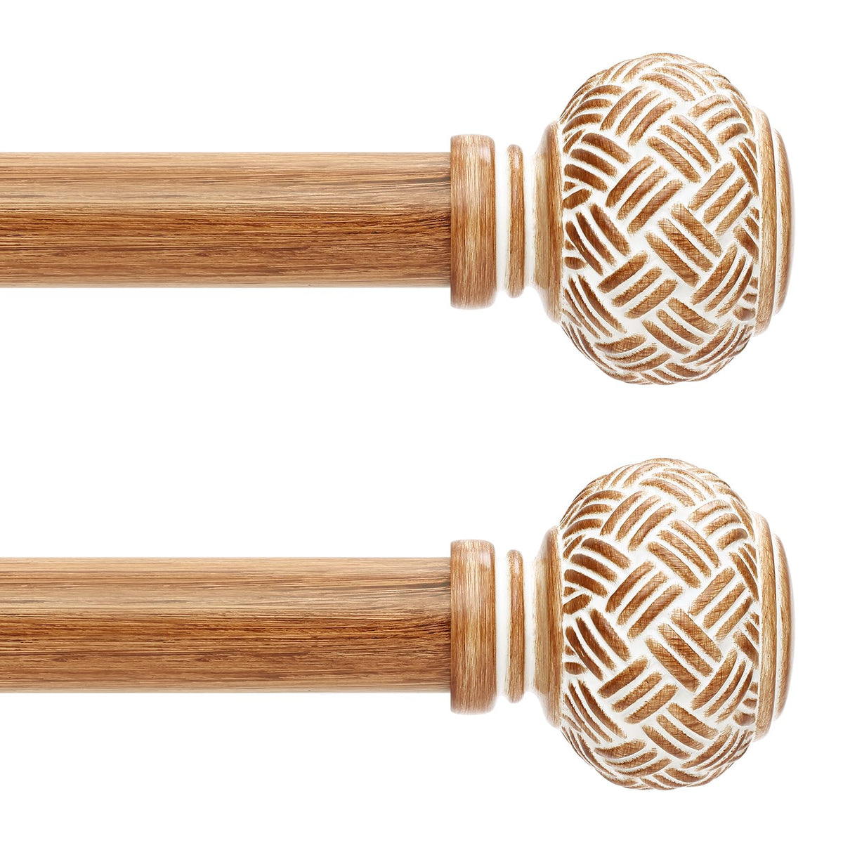 JRZOO imitation wood grain curtain rod with vintage woven look on window.
