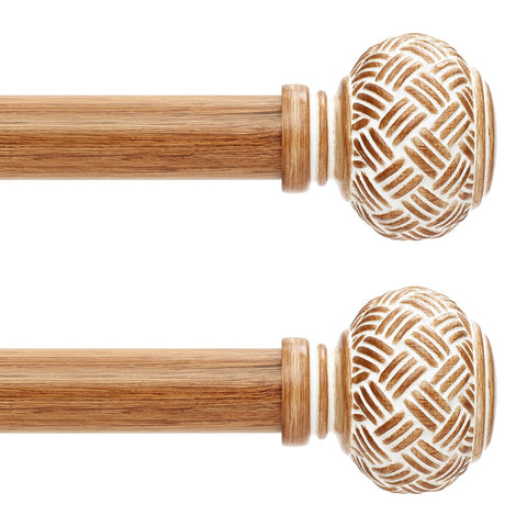 JRZOO imitation wood grain curtain rod with vintage woven look on window.