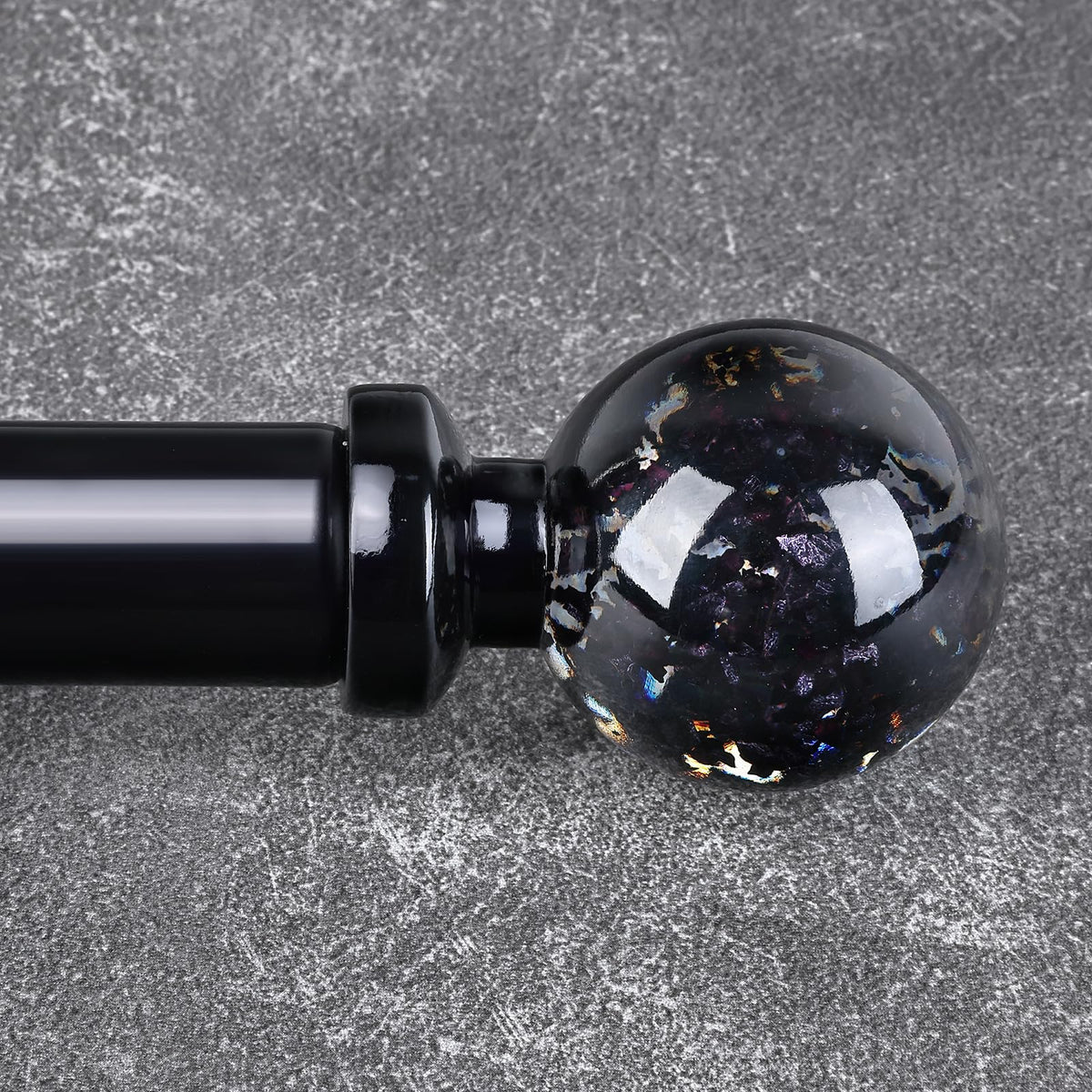 JRZOO translucent black crystal curtain rod close-up with elegant finials for refined decor.