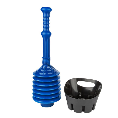 JS Jackson Supplies blue bellows accordion toilet plunger in action for tough clogs