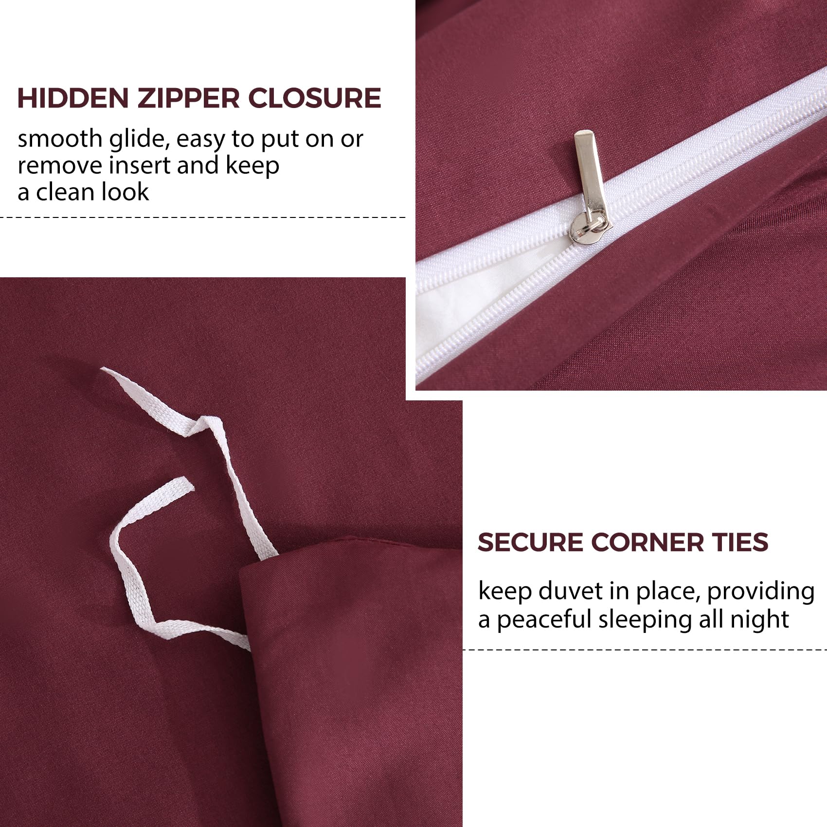 Hidden zipper detail on JSD Burgundy duvet cover for easy on and off