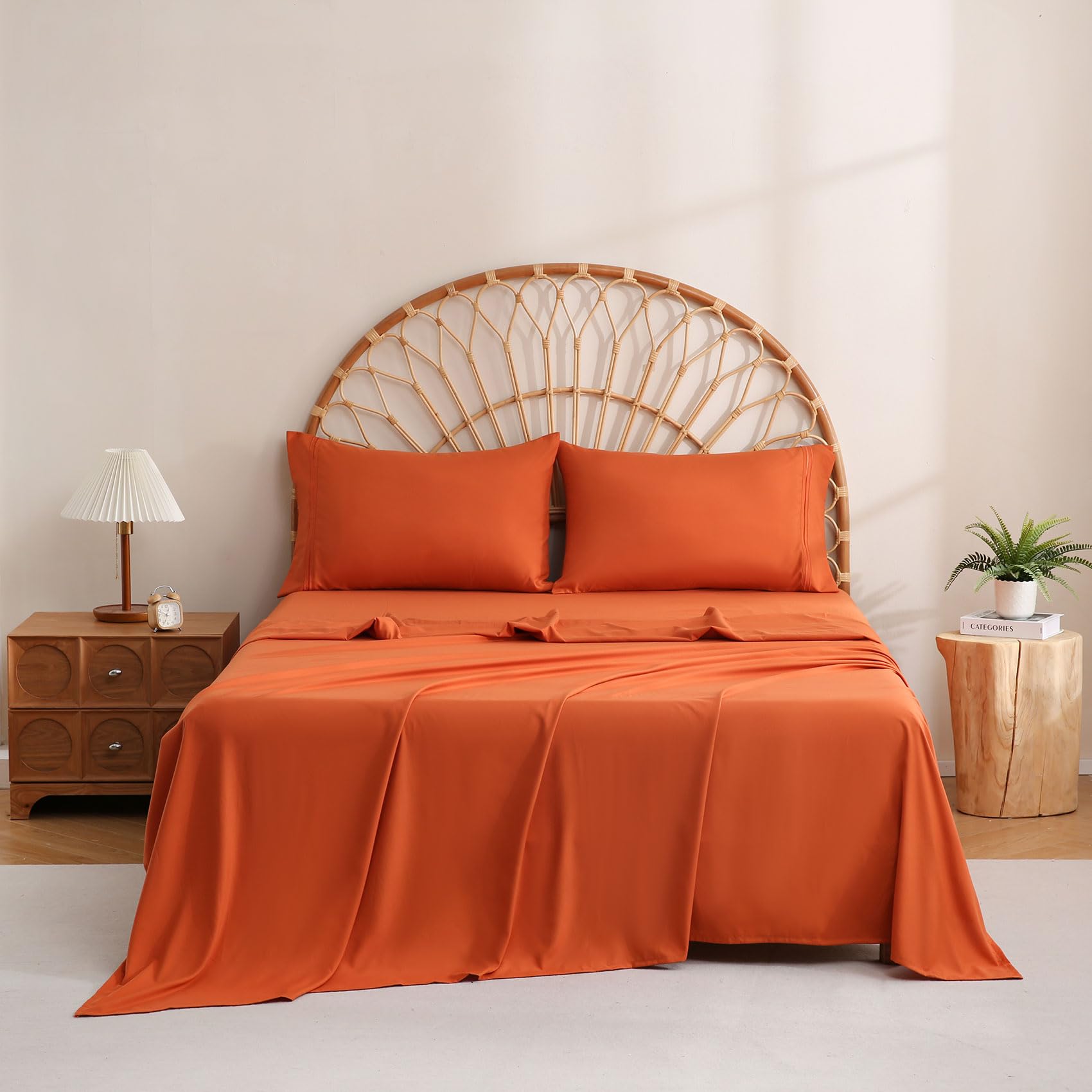 JSD Burnt Orange Queen Sheet Set care instructions illustrating cold wash and tumble dry